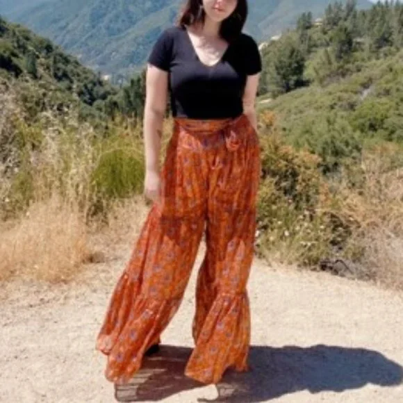 Paisley Palazzo waist Tie Lounge Pants Orange - Picture 14 of 16